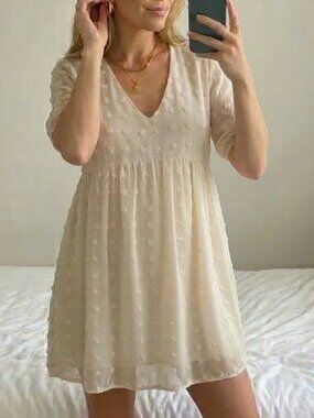 Ivory Swiss Dot A-line Short Sleeve Babydoll Dress Whimsical boho + Flowy, Large
